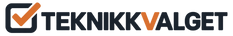 The logo for 'Teknikkvalget' featuring a dark gray square outline with an orange checkmark and the brand name 'TEKNIKKVALGET' in dark gray and orange lettering on a solid white background.